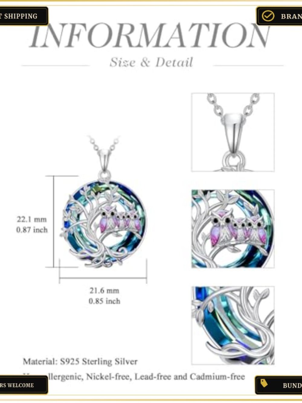 Sterling Silver Tree of Life Owl Necklace 925 Jewelry Gift - Picture 2 of 4